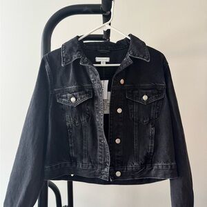 Topshop Black Cropped Denim Jacket with Button Front
